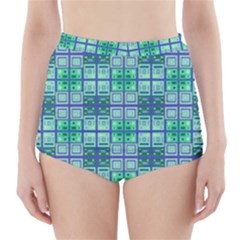 Mod Blue Green Square Pattern High-waisted Bikini Bottoms by BrightVibesDesign