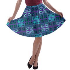 Mod Purple Green Turquoise Square Pattern A-line Skater Skirt by BrightVibesDesign