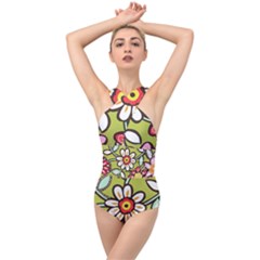 Flowers Fabrics Floral Design Cross Front Low Back Swimsuit by Sapixe