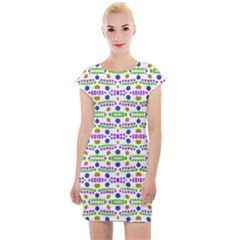 Retro Blue Purple Green Olive Dot Pattern Cap Sleeve Bodycon Dress by BrightVibesDesign