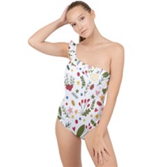 Floral Christmas Pattern  Frilly One Shoulder Swimsuit by Valentinaart