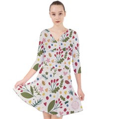 Floral Christmas Pattern  Quarter Sleeve Front Wrap Dress by Valentinaart