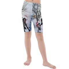 Christmas, Cute Bird With Horse Kids  Mid Length Swim Shorts by FantasyWorld7