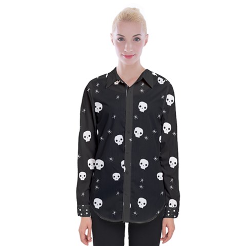 Pattern Skull Stars Halloween Gothic On Black Background Womens Long Sleeve Shirt by genx