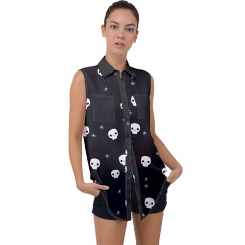 Pattern Skull Stars Halloween Gothic On Black Background Sleeveless Chiffon Button Shirt by genx