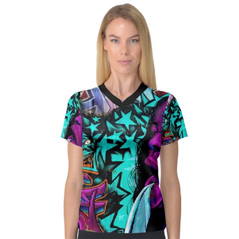 Graffiti Woman And Monsters Turquoise Cyan And Purple Bright Urban Art With Stars V-neck Sport Mesh Tee by genx