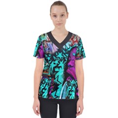 Graffiti Woman And Monsters Turquoise Cyan And Purple Bright Urban Art With Stars Women s V-neck Scrub Top by genx