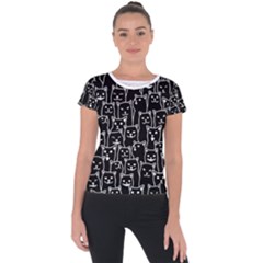 Funny Cat Pattern Organic Style Minimalist On Black Background Short Sleeve Sports Top  by genx