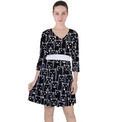 Funny Cat Pattern Organic Style Minimalist On Black Background Ruffle Dress by genx
