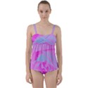 Perfect Hot Pink And Light Blue Rose Detail Twist Front Tankini Set View1
