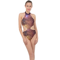 Cosmic Astronomy Sky With Stars Orange Brown And Yellow Halter Side Cut Swimsuit by genx