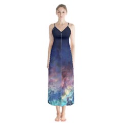 Lagoon Nebula Interstellar Cloud Pastel Pink, Turquoise And Yellow Stars Button Up Chiffon Maxi Dress by genx