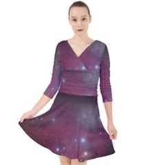Christmas Tree Cluster Red Stars Nebula Constellation Astronomy Quarter Sleeve Front Wrap Dress by genx