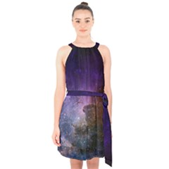 Carina Nebula Ngc 3372 The Grand Nebula Pink Purple And Blue With Shiny Stars Astronomy Halter Collar Waist Tie Chiffon Dress by genx