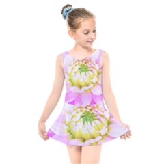 Pretty Pink, White And Yellow Cactus Dahlia Macro Kids  Skater Dress Swimsuit by myrubiogarden