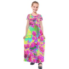 Psychedelic Succulent Sedum Turquoise And Yellow Kids  Short Sleeve Maxi Dress by myrubiogarden