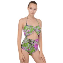 Hot Pink Succulent Sedum With Fleshy Green Leaves Scallop Top Cut Out Swimsuit by myrubiogarden