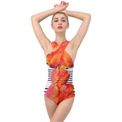 Red Tulip And Black Stripes Cross Front Low Back Swimsuit by picsaspassion