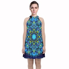 Mandala Blue Abstract Circle Velvet Halter Neckline Dress 