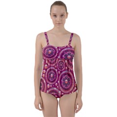 Pink Abstract Background Floral Glossy Twist Front Tankini Set by Wegoenart