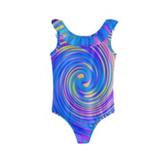 Cool Abstract Pink Blue And Yellow Twirl Liquid Art Kids  Frill Swimsuit by myrubiogarden