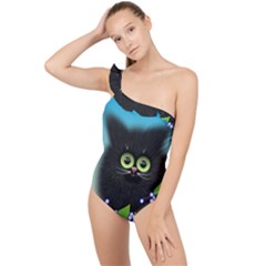Kitten Black Furry Illustration Frilly One Shoulder Swimsuit by Pakrebo