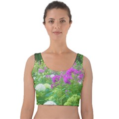 Annabella Hydrangeas And Purple Garden Landscape Velvet Crop Top by myrubiogarden