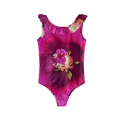 Deep Pink And Crimson Hibiscus Flower Macro Kids  Frill Swimsuit by myrubiogarden