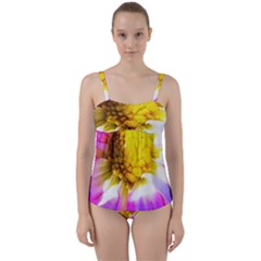 Purple, Pink And White Dahlia With A Bright Yellow Center Twist Front Tankini Set by myrubiogarden