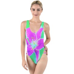 Hot Pink Stargazer Lily On Turquoise Blue And Green High Leg Strappy Swimsuit by myrubiogarden