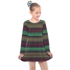 Stripes Green Red Yellow Grey Kids  Long Sleeve Dress by BrightVibesDesign