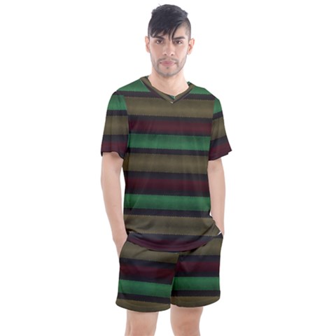 Stripes Green Red Yellow Grey Men s Mesh Tee And Shorts Set by BrightVibesDesign