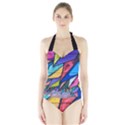 Urban colorful graffiti brick wall industrial scale abstract pattern Halter Swimsuit View1
