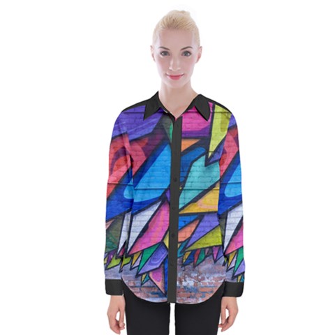 Urban Colorful Graffiti Brick Wall Industrial Scale Abstract Pattern Womens Long Sleeve Shirt by genx