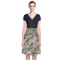 Wood Camouflage Military Army Green Khaki Pattern Short Sleeve Front Wrap Dress by snek