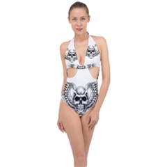 Human Skull Symbolism Halter Front Plunge Swimsuit by Alisyart