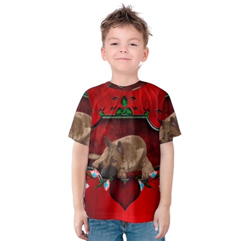 Wonderful German Shepherd With Heart And Flowers Kids  Cotton Tee by FantasyWorld7