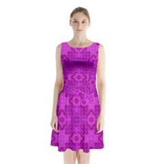 Magenta Mosaic Pattern Triangle Sleeveless Waist Tie Chiffon Dress by Pakrebo