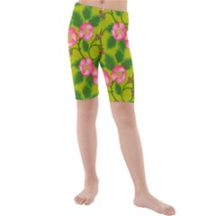 Roses Flowers Pattern Bud Pink Kids  Mid Length Swim Shorts by Pakrebo