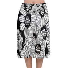 Black & White Floral Velvet Flared Midi Skirt by WensdaiAmbrose