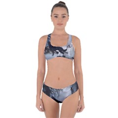 Awesome Black And White Wolf In The Dark Night Criss Cross Bikini Set by FantasyWorld7