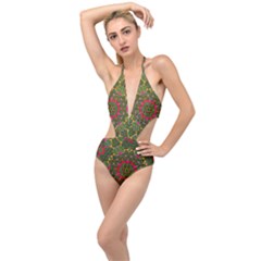 Background Image Pattern Plunging Cut Out Swimsuit by Pakrebo
