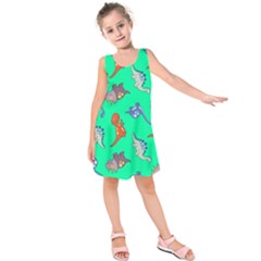 Dinosaurs - Aqua Green Kids  Sleeveless Dress by WensdaiAmbrose
