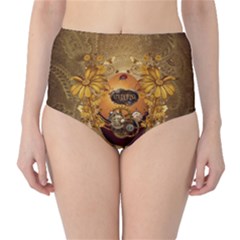 Awesome Steampunk Easter Egg With Flowers, Clocks And Gears Classic High-waist Bikini Bottoms by FantasyWorld7