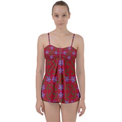 Red With Purple Flowers Babydoll Tankini Set