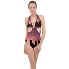 Skyline Panoramic City Architecture Halter Front Plunge Swimsuit by Sudhe