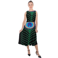 Peacock Feather Midi Tie-back Chiffon Dress by Sudhe
