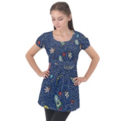 Cat Cosmos Cosmonaut Rocket Puff Sleeve Tunic Top by Sudhe