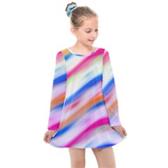 Vivid Colorful Wavy Abstract Print Kids  Long Sleeve Dress by dflcprintsclothing