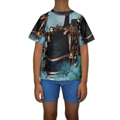 Spirit Of Steampunk, Awesome Train In The Sky Kids  Short Sleeve Swimwear by FantasyWorld7